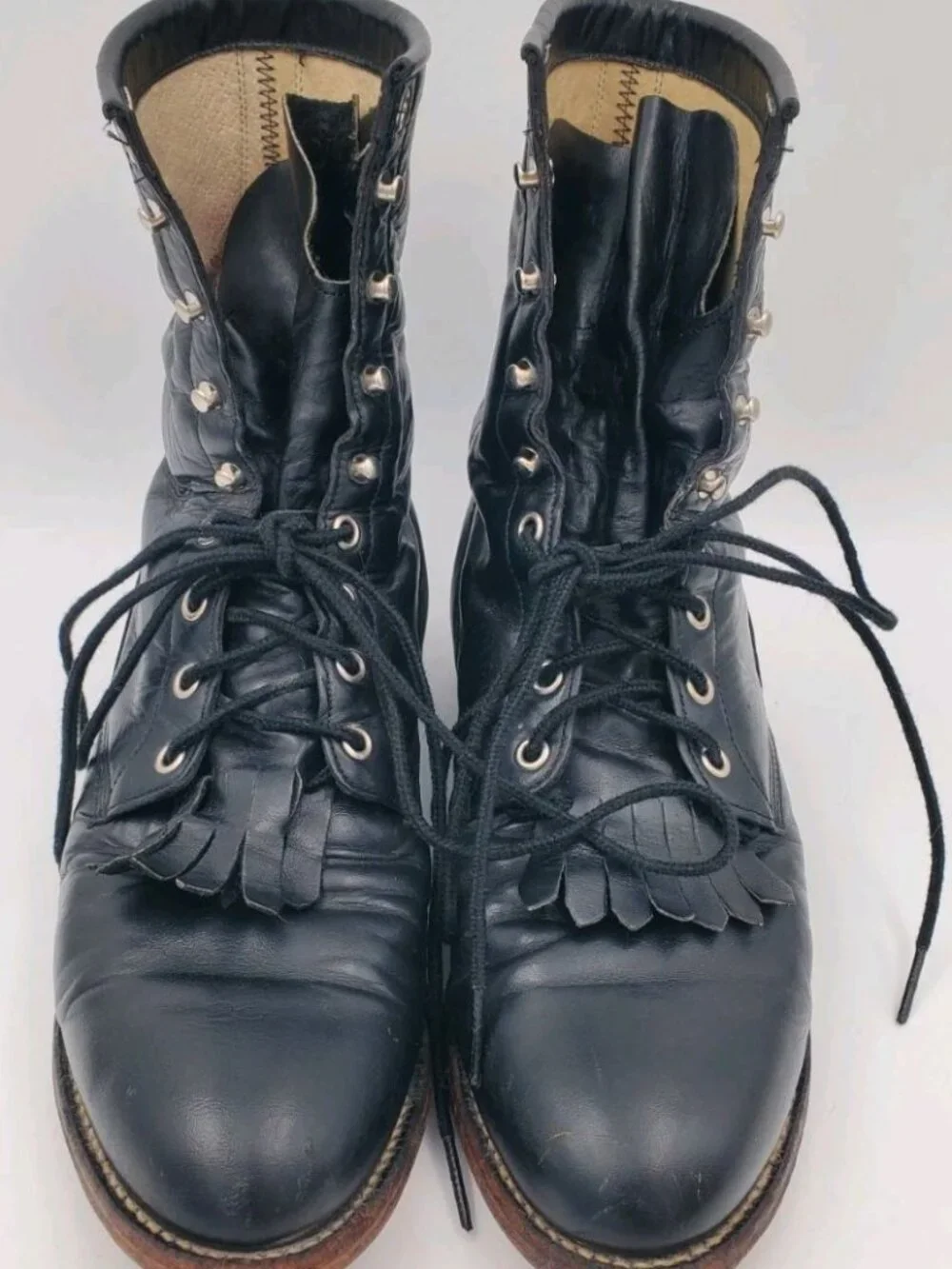 Justin 506 Boots Mens 9 1/2 D Black Leather Kiltie Lace Up Roper Western USA